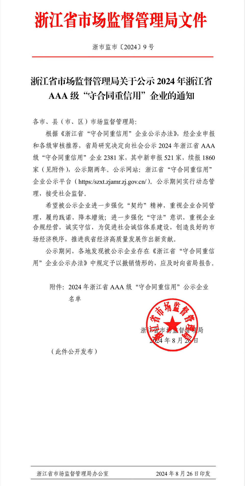 公司獲評浙江省AAA級“守合同重信用”企業(yè)(圖1)